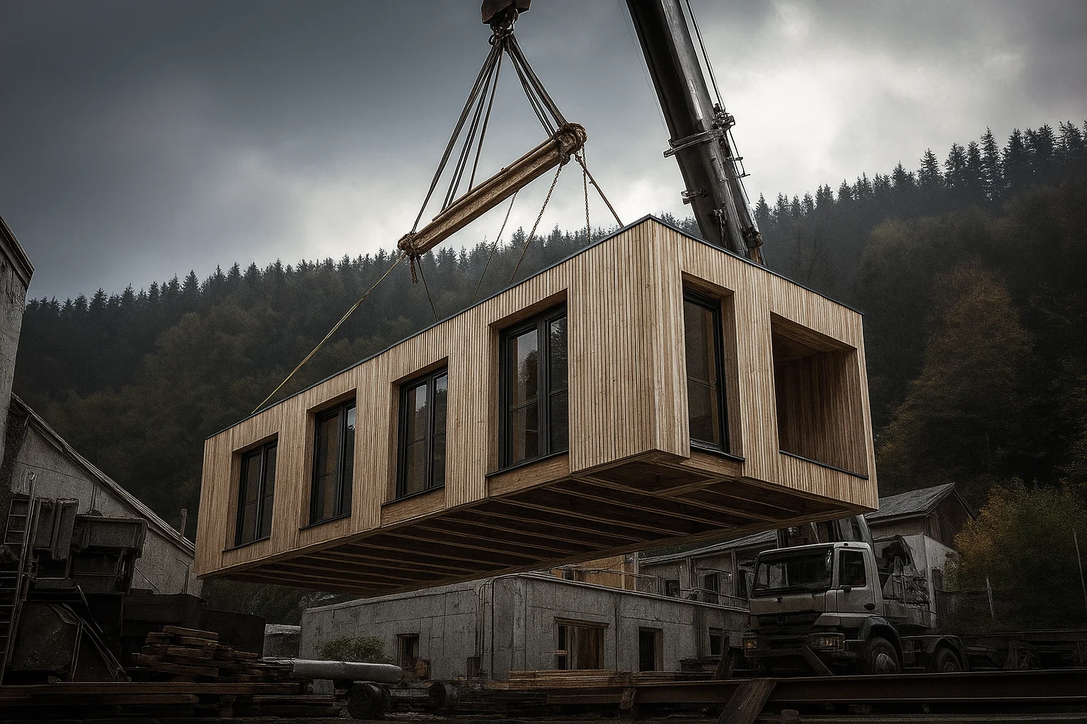 Hexa Group 6 una grúa levantando un modulo de madera